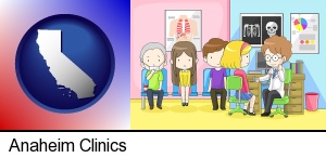 a clinic, showing a doctor and four patients in Anaheim, CA