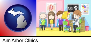 Ann Arbor, Michigan - a clinic, showing a doctor and four patients