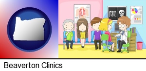 a clinic, showing a doctor and four patients in Beaverton, OR