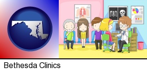 a clinic, showing a doctor and four patients in Bethesda, MD