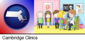 a clinic, showing a doctor and four patients in Cambridge, MA
