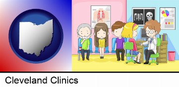 a clinic, showing a doctor and four patients in Cleveland, OH