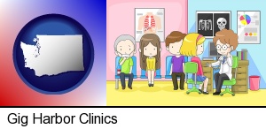 a clinic, showing a doctor and four patients in Gig Harbor, WA