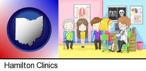 a clinic, showing a doctor and four patients in Hamilton, OH