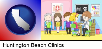 a clinic, showing a doctor and four patients in Huntington Beach, CA