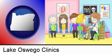 a clinic, showing a doctor and four patients in Lake Oswego, OR