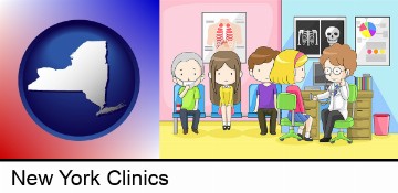 a clinic, showing a doctor and four patients in New York, NY