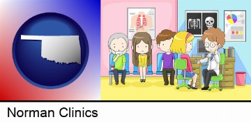 a clinic, showing a doctor and four patients in Norman, OK