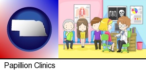 a clinic, showing a doctor and four patients in Papillion, NE