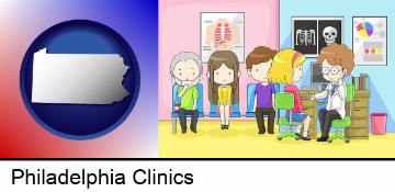 a clinic, showing a doctor and four patients in Philadelphia, PA