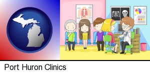 a clinic, showing a doctor and four patients in Port Huron, MI