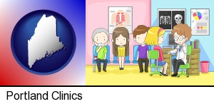 a clinic, showing a doctor and four patients in Portland, ME