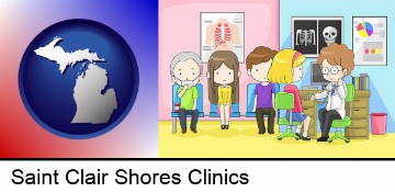 a clinic, showing a doctor and four patients in Saint Clair Shores, MI