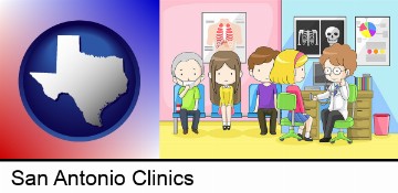 a clinic, showing a doctor and four patients in San Antonio, TX