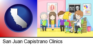 a clinic, showing a doctor and four patients in San Juan Capistrano, CA