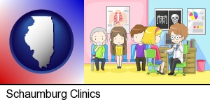 a clinic, showing a doctor and four patients in Schaumburg, IL