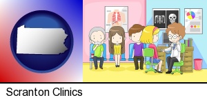 a clinic, showing a doctor and four patients in Scranton, PA