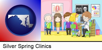 a clinic, showing a doctor and four patients in Silver Spring, MD