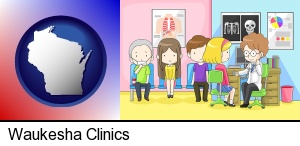 a clinic, showing a doctor and four patients in Waukesha, WI
