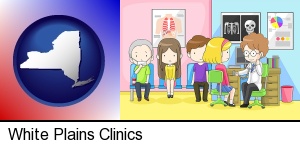 a clinic, showing a doctor and four patients in White Plains, NY