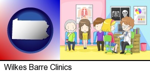 a clinic, showing a doctor and four patients in Wilkes Barre, PA