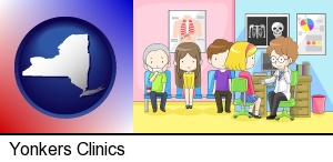 a clinic, showing a doctor and four patients in Yonkers, NY
