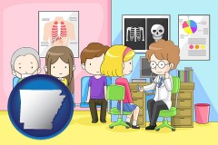 a clinic, showing a doctor and four patients - with AR icon