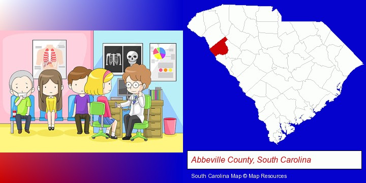 a clinic, showing a doctor and four patients; Abbeville County, South Carolina highlighted in red on a map