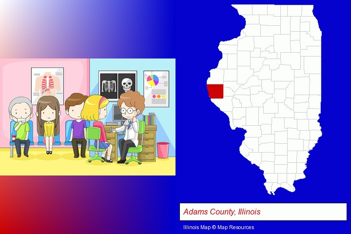 a clinic, showing a doctor and four patients; Adams County, Illinois highlighted in red on a map