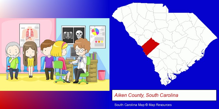 a clinic, showing a doctor and four patients; Aiken County, South Carolina highlighted in red on a map
