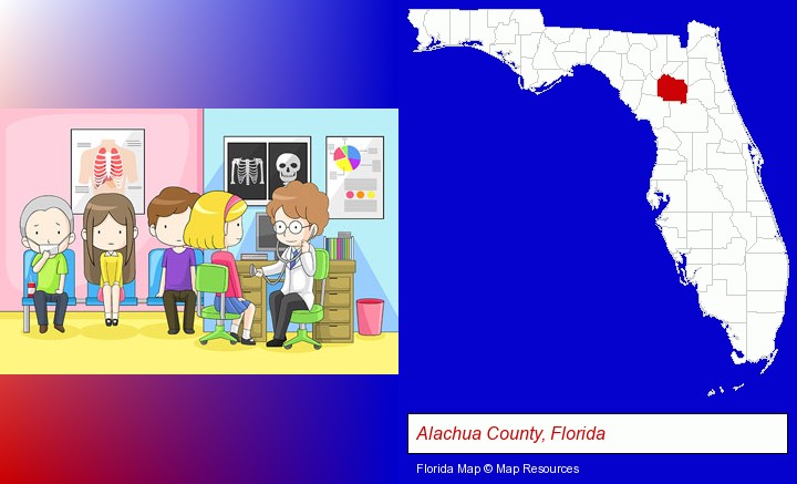 a clinic, showing a doctor and four patients; Alachua County, Florida highlighted in red on a map