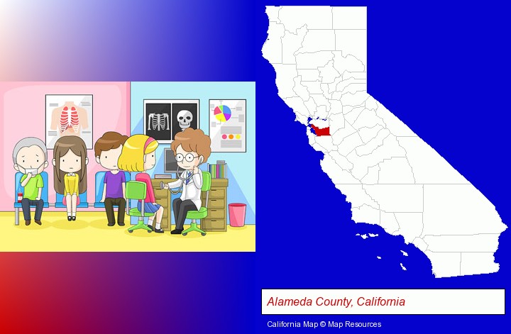 a clinic, showing a doctor and four patients; Alameda County, California highlighted in red on a map