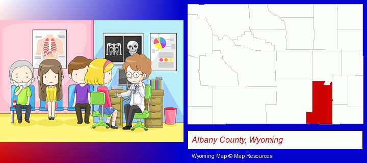 a clinic, showing a doctor and four patients; Albany County, Wyoming highlighted in red on a map