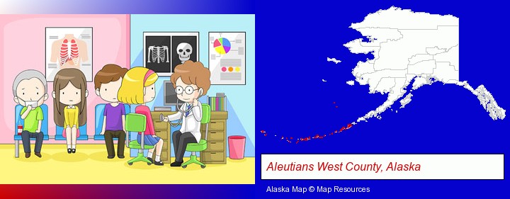 a clinic, showing a doctor and four patients; Aleutians West County, Alaska highlighted in red on a map
