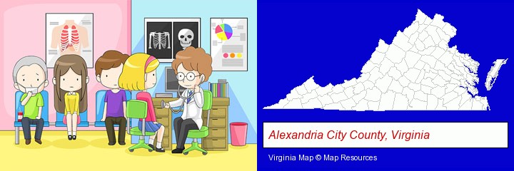 a clinic, showing a doctor and four patients; Alexandria City County, Virginia highlighted in red on a map