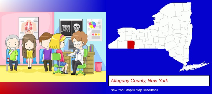 a clinic, showing a doctor and four patients; Allegany County, New York highlighted in red on a map