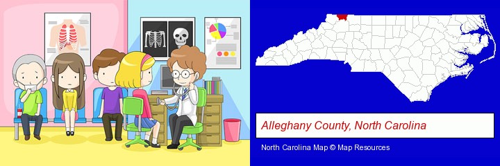 a clinic, showing a doctor and four patients; Alleghany County, North Carolina highlighted in red on a map