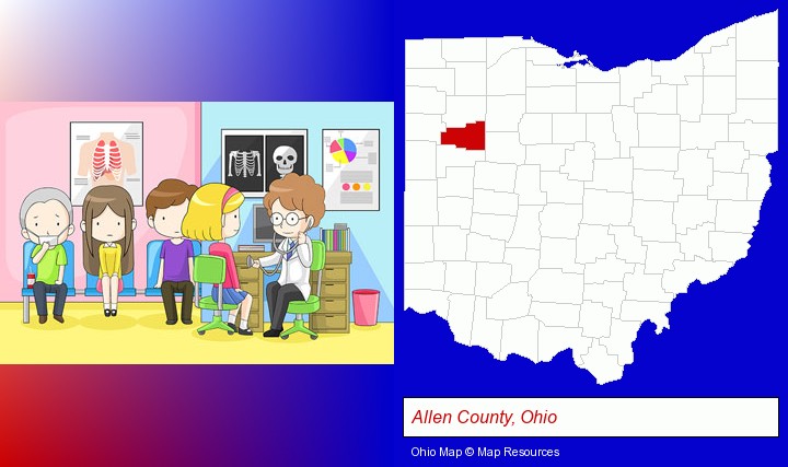a clinic, showing a doctor and four patients; Allen County, Ohio highlighted in red on a map