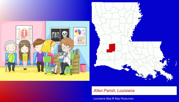 a clinic, showing a doctor and four patients; Allen Parish, Louisiana highlighted in red on a map