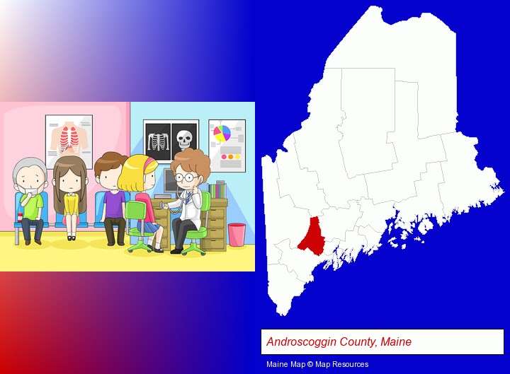 a clinic, showing a doctor and four patients; Androscoggin County, Maine highlighted in red on a map
