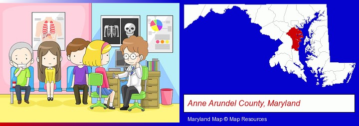 a clinic, showing a doctor and four patients; Anne Arundel County, Maryland highlighted in red on a map