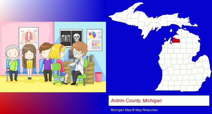a clinic, showing a doctor and four patients; Antrim County, Michigan highlighted in red on a map
