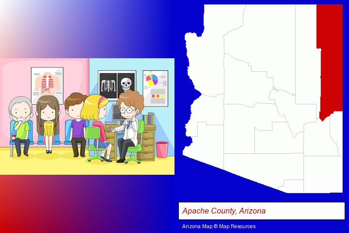 a clinic, showing a doctor and four patients; Apache County, Arizona highlighted in red on a map
