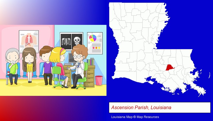 a clinic, showing a doctor and four patients; Ascension Parish, Louisiana highlighted in red on a map