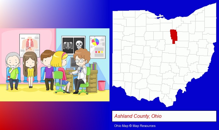 a clinic, showing a doctor and four patients; Ashland County, Ohio highlighted in red on a map