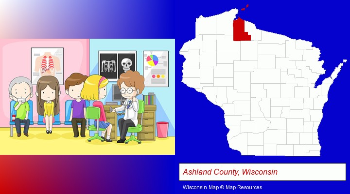 a clinic, showing a doctor and four patients; Ashland County, Wisconsin highlighted in red on a map