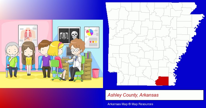 a clinic, showing a doctor and four patients; Ashley County, Arkansas highlighted in red on a map
