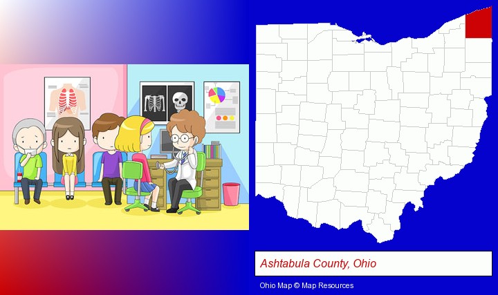 a clinic, showing a doctor and four patients; Ashtabula County, Ohio highlighted in red on a map