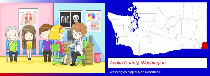 a clinic, showing a doctor and four patients; Asotin County, Washington highlighted in red on a map