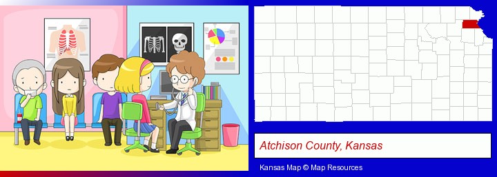 a clinic, showing a doctor and four patients; Atchison County, Kansas highlighted in red on a map